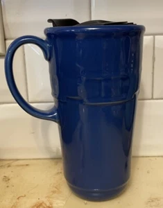 Longaberger Pottery Woven Traditions Cornflower Blue Travel Coffee Mug Cup 16 Oz - Bild 1 von 5