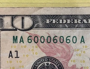 Binary $10 Dollars Bill Fancy Serial Number 0’s 6’s 60006060 Currency Note Bill - Picture 1 of 3