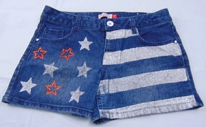 So Girl's Dk Wash Denim Shorts With Rhinestone & Glitter Stars & Stripes Size 16 - Picture 1 of 5