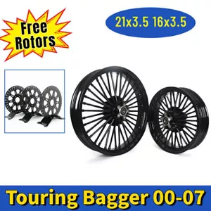21 & 16 3.5 Fat Spoke Wheels Rims Rotors for Harley Touring Road Glide FLHT FLTR - Foto 1 di 10