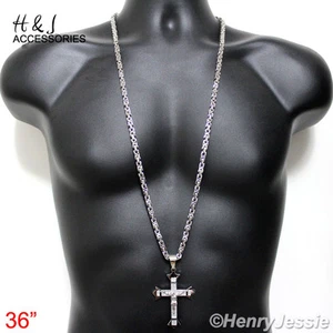36"MEN Stainless Steel 6mm Silver Byzantine Box Chain JESUS Cross Pendant*P28 - Picture 1 of 7