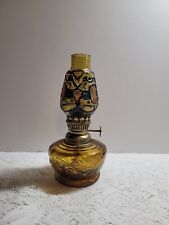 Art Deco: Mini Amber Oil Lamp with colord painted stained glass shade