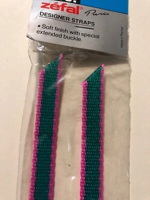 NOS ZEFAL CHRISTOPHE BICYCLE TOE CLIP STRAPS  VINTAGE Green/pink - Image 1 of 4
