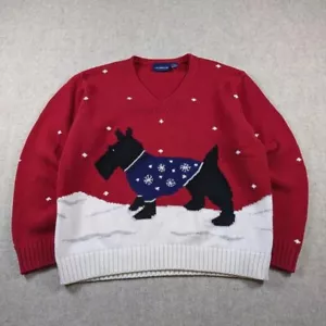 Cute Scottie Dog Christmas Sweater Womens Medium V Neck Cotton Knit Red Pullover - Picture 1 of 5