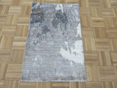 2 x 3 Hand Knotted Gray Blue Modern Tibetan Oriental Rug With Silk G9284 - Image 1 of 4