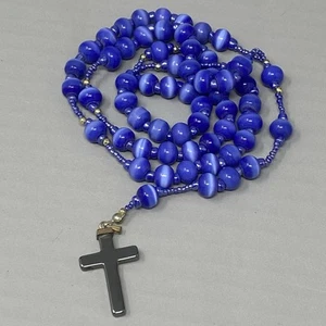 Rosary Necklace Bright Blue Cats Eye Glass Beads Hematite Cross Religious - Picture 1 of 11