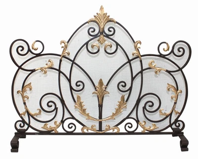 Hoja de acanto pergamino ornamentado antiguo dorado marrón oscuro chimenea pantalla Foto 1 de 4