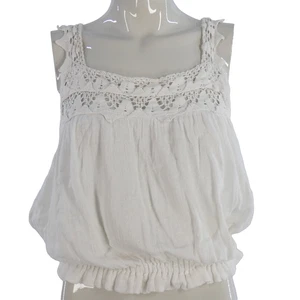 White Crochet Top Mexican Camisole Bubble Elastic Hem Boho Peasant Gauze size XS - Picture 1 of 10