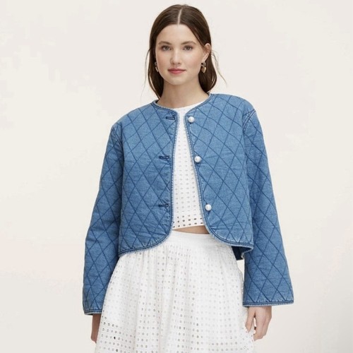 Giacca trapuntata Kate Spade NY x Target blu denim cropped blu grande perla preppy