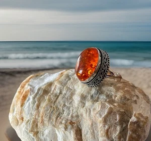 Size 8 Baltic Amber Ring - 925 Sterling Silver plated -New - Picture 1 of 4
