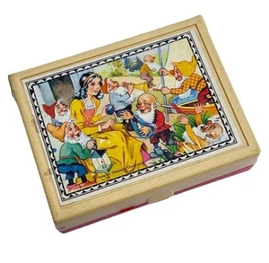 Vintage Schneewittchen Märchen Holz Block Würfel Puzzle mit Box Bilder Deutschland T1 - Bild 1 von 7