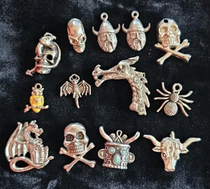 Lot of 13 Vintage Pewter Charms Gothic Fantasy Skull Viking Dragon Spider Bull C - Picture 1 of 17