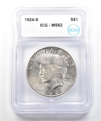 1924-S Peace Silver Dollar MS62 ICG *9862 - Image 1 of 3