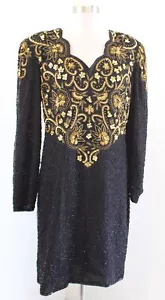 Vtg Laurence Kazar Black Gold Silk Beaded Sequin Scalloped Evening Party Dress L - Picture 1 of 9
