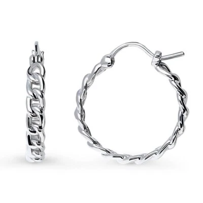 Italian Solid 925 Sterling Silver 20MM Curb Chain Huggie Hoop Earrings For Women - Image 1 of 4