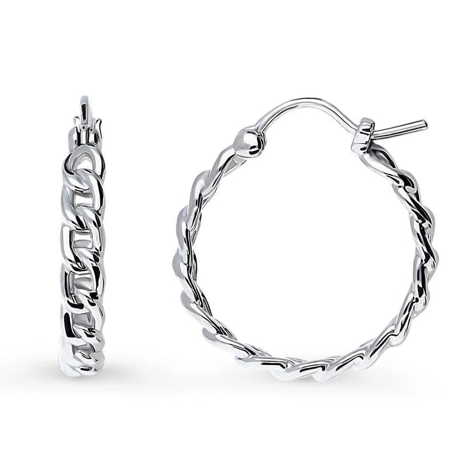 Pendientes de aro Huggie italianos de plata de ley 925 maciza de 20 mm con cadena de bordillo para mujer Foto 1 de 4