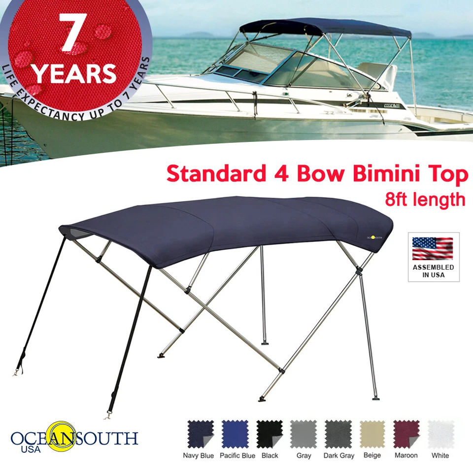 BIMINI TOP 4 Bow Boat Cover 8ft Long With Rear Poles - Image 1 of 4