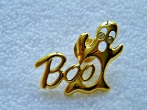 Vintage Halloween Geist "Boo" goldfarben mit Strass Akzenten Clutch-Anstecknadel - Bild 1 von 2