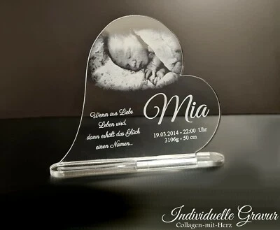 COLLAGEN MIT HERZ 1 Aufsteller Acrylglas inkl. Gravur (Foto + Text) - Taufe Geburt Baby - Herz WOW