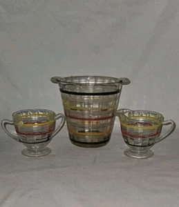 Anchor Hocking 5 Colored Banded Rings ice Bucket 2 Handled W/ Cream And Sugar - Picture 1 of 3
