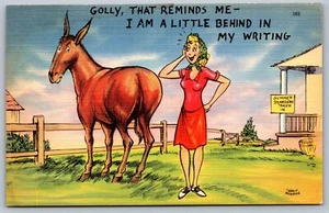 Tarjeta postal de humor Golly que me recuerda detrás en mi burro de escritura años 30 lino L1 - Imagen 1 de 2