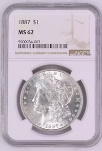 1887 MORGAN SILVER DOLLAR $1 COIN. NGC GRADED: MS 62. NGC CERT: 5900934-003 - Picture 1 of 2