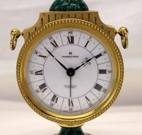 HAMILTON Eight Day 7 Jewel PEDESTAL Travel Clock GREEN AGATE Alarm 20th Century Cover