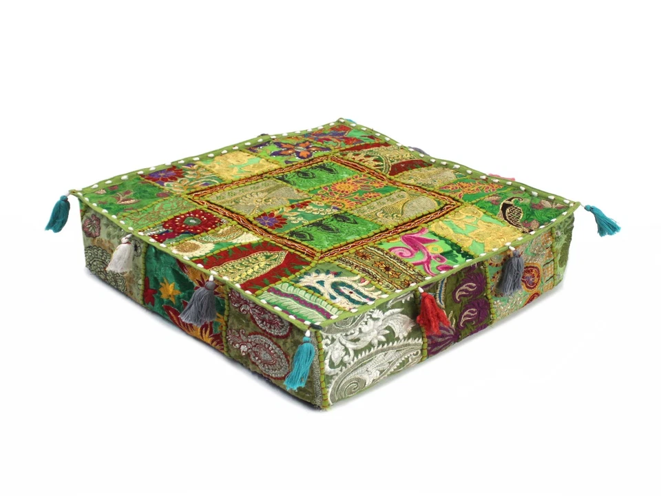 Green Patchwork Square Floor Pillow Bohemian Decorative Pillow Vintage Cover AU - Image 1 of 4