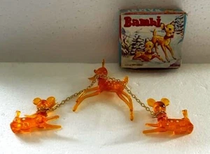 1960s Amber Orange Plastic Bambi Figures & Box Penny Arcade Prize Reindeer - Picture 1 of 9