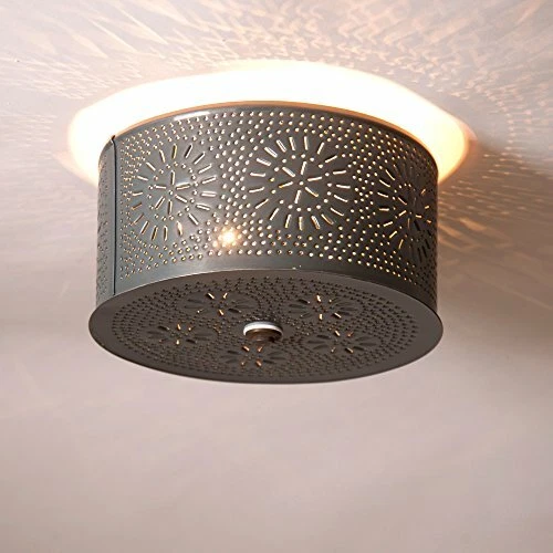 Primitive Round Rustic Flush Mount Ceiling Light In Country Punched Tin Shade - Image 1 of 1