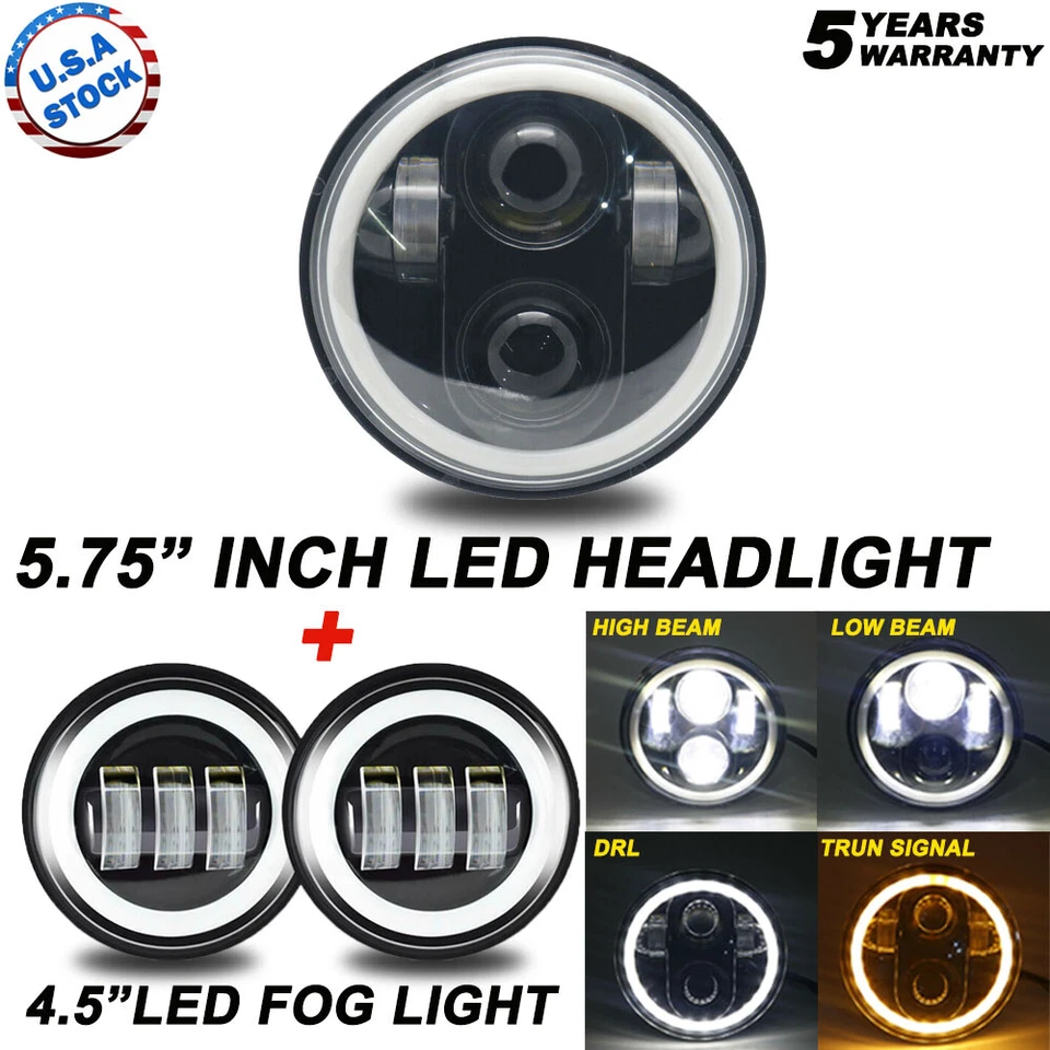 5-3/4 5.75" Halo LED Headlight + 4.5inch Halo Passing Lamp For Aprilia Ducati - Image 1 of 4