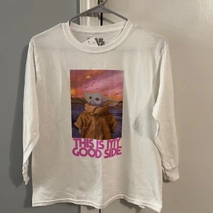 Star Wars Baby Yoda This is My Good Side Ladies Long Sleeve T Shirt White Medium - Picture 1 of 7