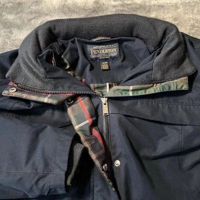 Pendleton Jacket Mens XL Navy Hooded Plaid Lined Field Coat Zip Snap Pockets - Image 1 of 4