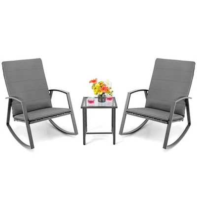 Juego de muebles de mesa mecedora de ratán para patio Patiojoy 3 piezas cojín de patio gris Foto 1 de 4