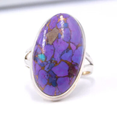 Anello Fine In Argento Sterling 925 Con Gemma Di Turchese Viola Naturale 6,40 Gm - Immagine 1 di 4