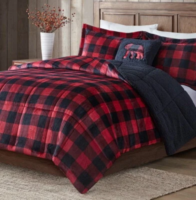 JUEGO DE EDREDÓN ROJO BUFFALO CHECK SHERPA 4 piezas Queen: cabina a cuadros de piel de oso de felpa Foto 1 de 4