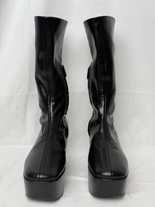Prada Black Nylon Platform Calf Boots Embossed Logo Size 37 - Picture 1 of 8
