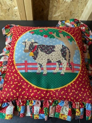 Lorena Cheese House cow pillow with patchwork ruffle added - Image 1 of 4