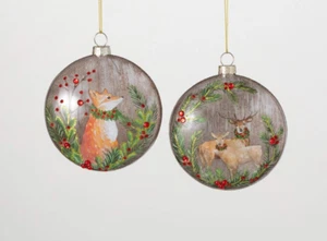 2 Woodland Disk Ornaments, Red Fox & Deer, Glass, 4" Tall, NWT - Picture 1 of 4