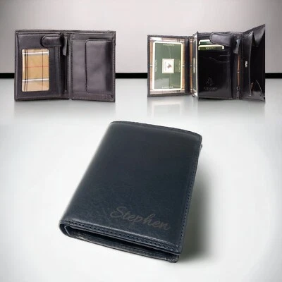 Personalised Luxury RFID Trifold Leather Wallet Engraved Fathers Day Mens Gift - Image 1 of 4