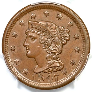 1847 N-10 R-3 PCGS MS 63 BN CAC Braided Hair Large Cent Coin 1c - Picture 1 of 3