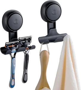 Razor Holder Shower Suction Cup Vacuum Shower Hooks Reusable 2 Packs, Black - Picture 1 of 12