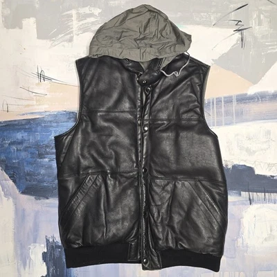Neiman Marcus Leather Quilted Hooded Puffer Mens Down Vest XL - Image 1 of 4