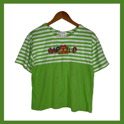 Camiseta corta vintage Shenanigans Garfield a rayas para mujer talla M verde blanca Foto 1 de 4