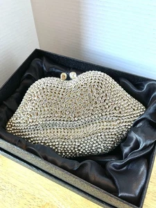 Crystal Rhinestones Lip Clutch Evening Shoulder Bag Gold Lining Extra Bag Bling - Picture 1 of 9