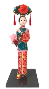 Chinesisches Display Qing Dynastie Puppe steht auf Holzsockel 11,5" T Seide Brokat Kleid - Bild 1 von 10