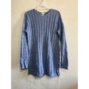 J Jill blue tunic fringe slit button back sweater womens small lagenlook casual - Picture 1 of 7