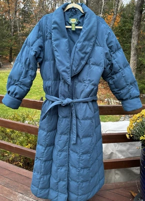 Cabelas House Coat Robe Goose Down Quilted Puffer Womens XL Belted Blue - Image 1 of 4