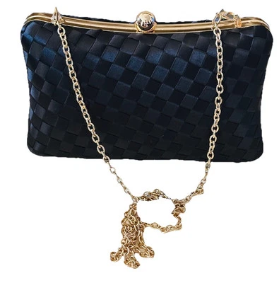 JEWEL BADGLEY MISCHKA WOVEN BLACK SATIN CLUTCH BAG GOLD CHAIN NEW WITH TAGS - Image 1 of 4