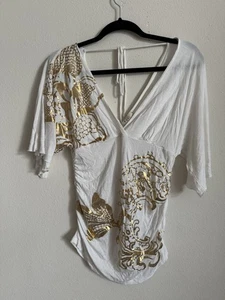 Vintage Y2K Forever 21 White Gold Metail Bat Wing Top Size M - Bild 1 von 3